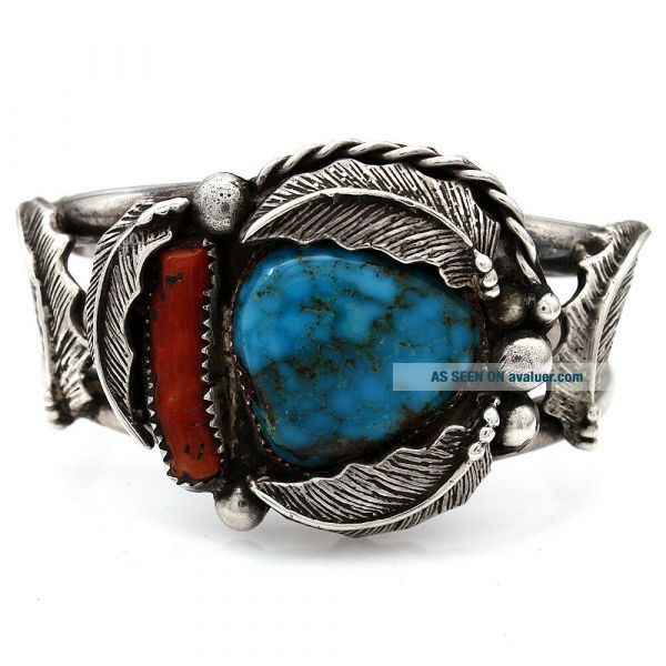 Vintage Unsigned Navajo Handmade Sterling Silver Turquoise Coral Cuff ...