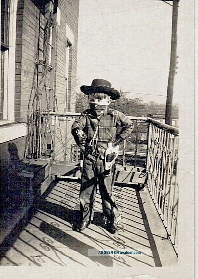 Old Photo Little Boy Standing On Balcony Dressed As A Cowboy w/Pistol,  Holster