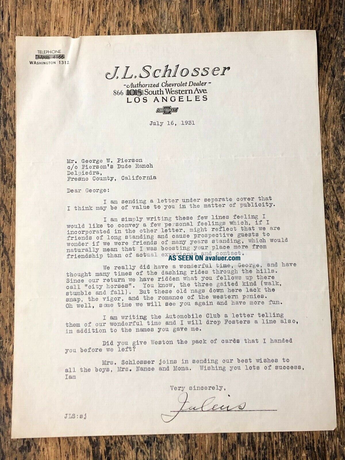 1931 LETTER J L SCHLOSSER AUTHORIZED CHEVROLET DEALER LOS ANGELES 1931-letter-j-l-schlosser-authorized-chevrolet-dealer-los-angeles