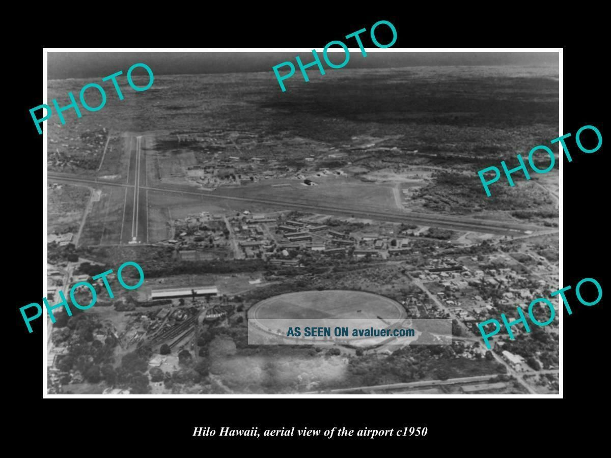 OLD POSTCARD SIZE PHOTO HILO HAWAII,  AERIAL VIEW OF THE AIRPORT c1950