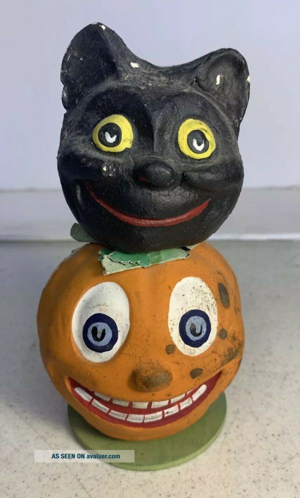 Old Vintage Halloween Bobble Head Black Cat JOL Jack O Lantern Pumpkin ...