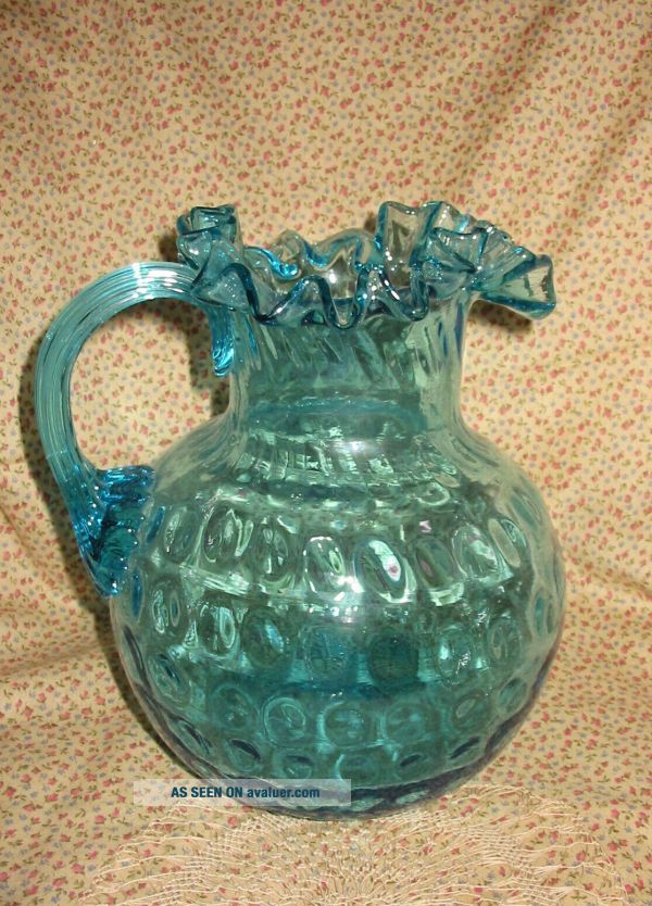 Vtg Fenton Blue Glass Coin Dot Ruffled Top Pitcher Applied Handle Hand ...